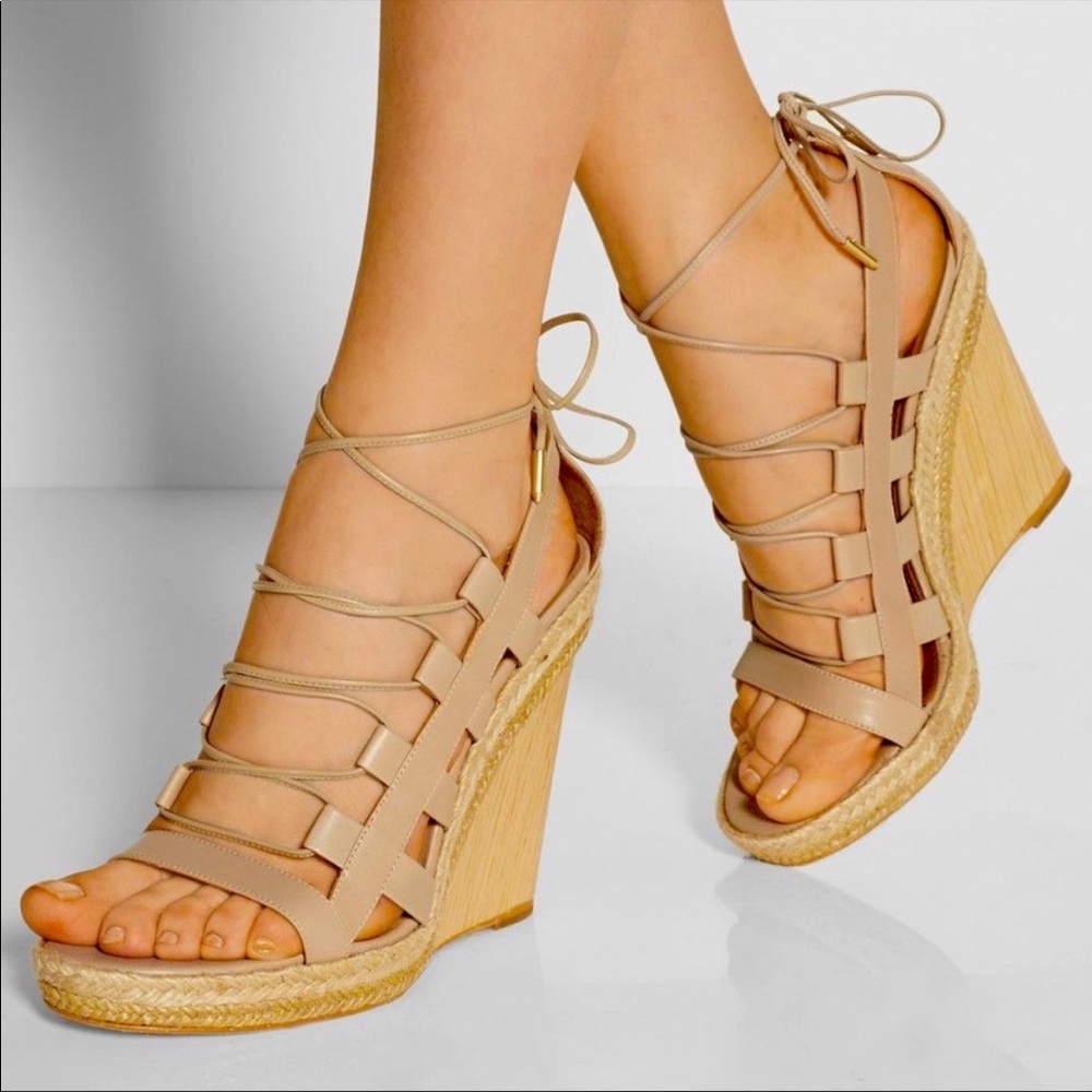Aquazzura beige leather lace up wedge sandal